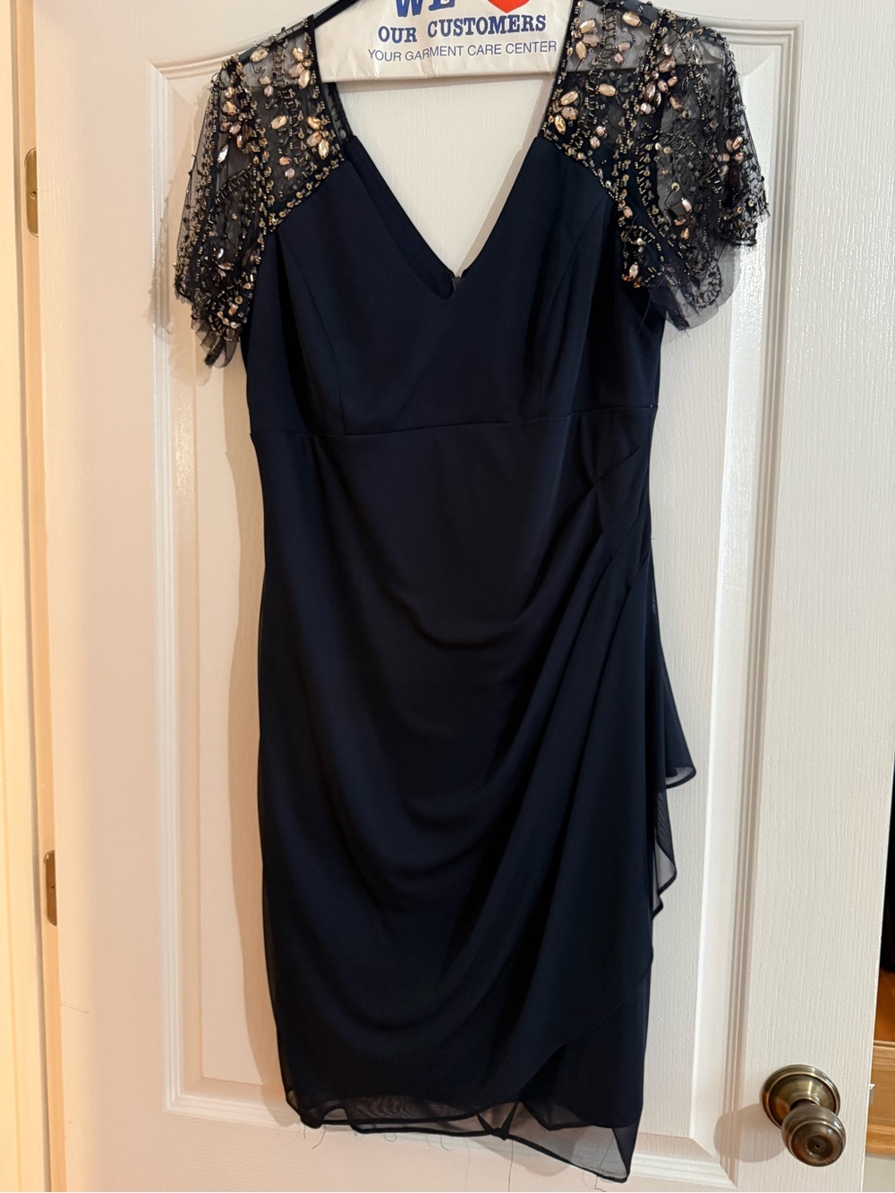 Xscape Black Midi Dress with Embellished Sheer Cap Sleeves